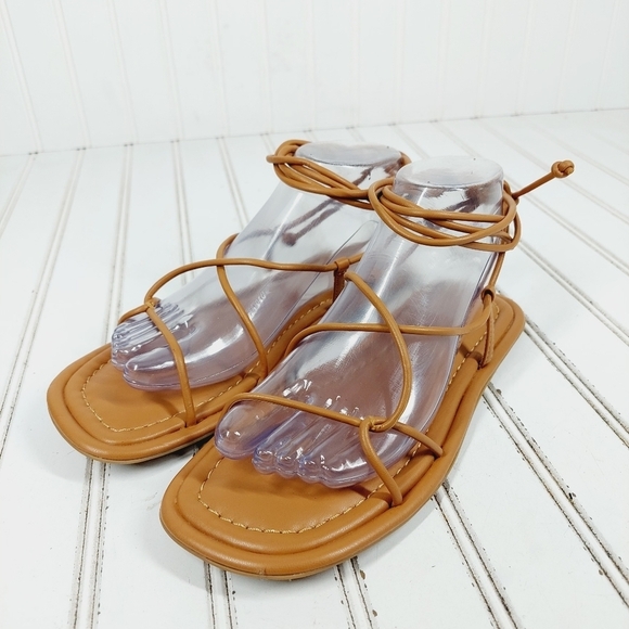 NEW Open Edit Brown Leather Strappy Lace Up Ankle Summer Flat Sandals M485 - Picture 2 of 11